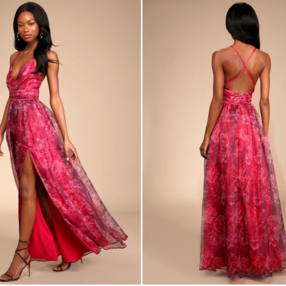 LULU's Floral Sexy Flowy Prom Wedding Chic Magenta Maxi Dress NWOT